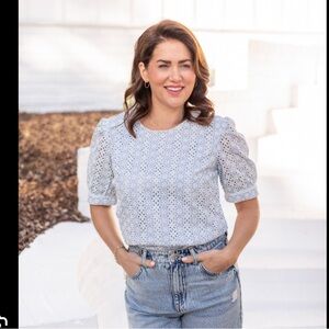 Jillian Harris X Joe fresh collab eyelet puff sleeve blue top-  XL
